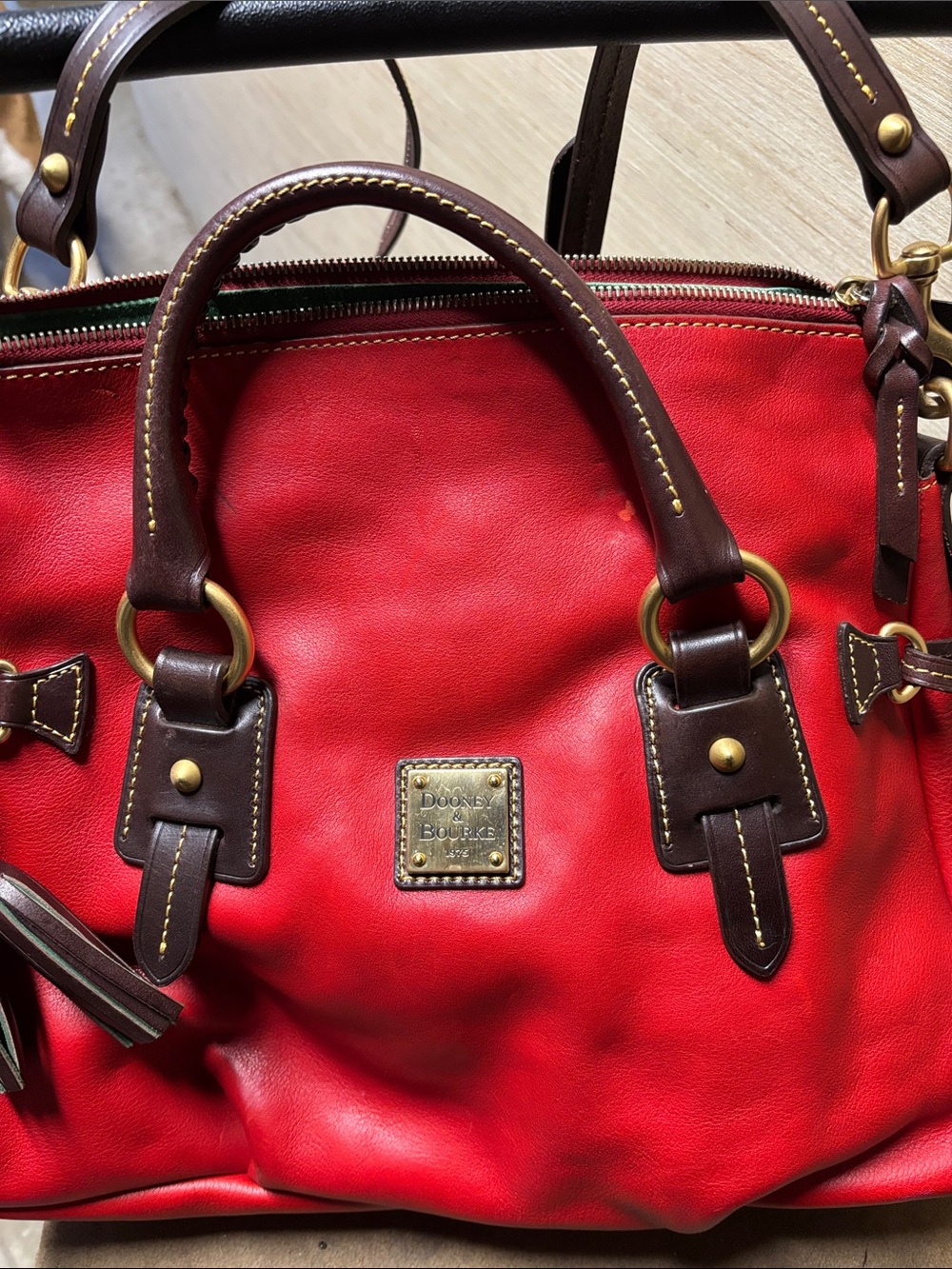 Dooney & Bourke Red Leather Satchel with Brown Trim